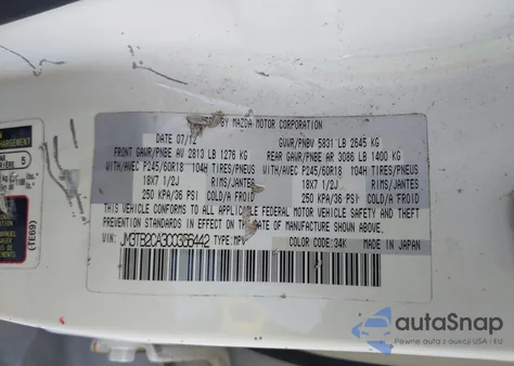 2012 Mazda Cx-9 Touring from USA, damaged, VIN JM3TB2CA3C0366442